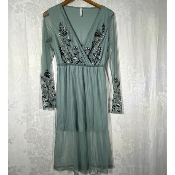 Xhilaration Midi Dress Small Green Embroidered Sheer Fairy Cottagecore Whimsy - Picture 1 of 12